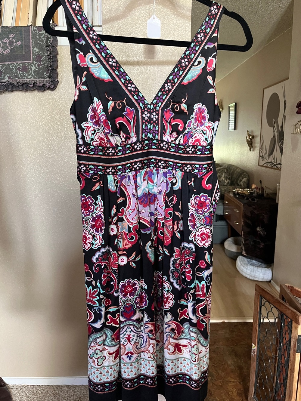 ECI Black Midi Dress with Pink, Purple & Teal Floral Print